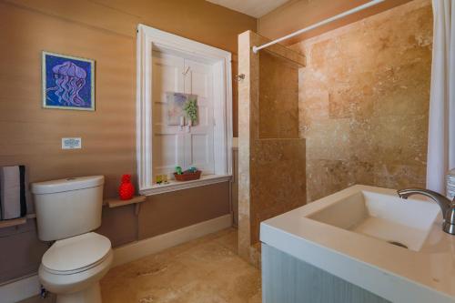 a bathroom with a toilet and a sink at Victoria House in Frederiksted