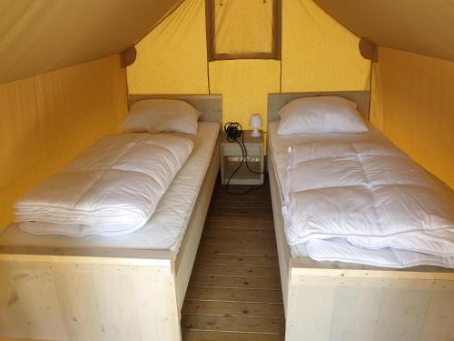 Safaritent Mini Lodge في Kesteren: سريرين في غرفة بجدران صفراء