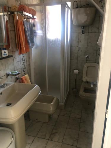 a bathroom with a shower and a toilet and a sink at Casa Vico Torre in Santa Croce di Magliano