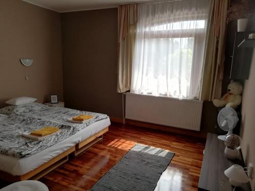 a bedroom with a bed and a window at SUNFISH Apartman in Balatonszárszó