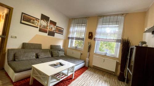 - un salon avec un canapé et une table dans l'établissement Villa Linde Franke, à Bernburg
