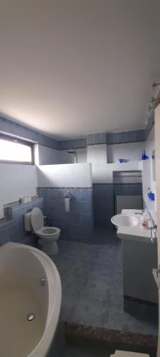 een badkamer met een bad, een toilet en een wastafel bij SUNFISH Apartman in Balatonszárszó
