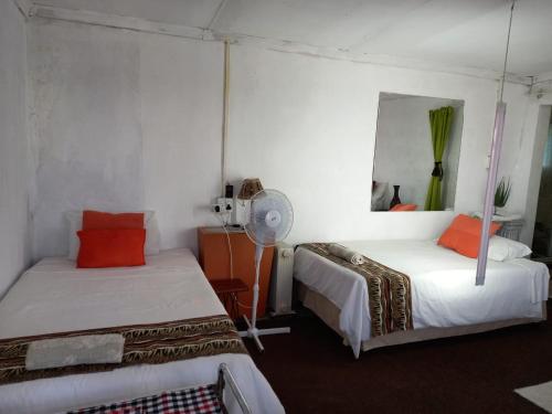 a bedroom with two beds and a fan in it at Rocks And Aloes Guest Lodge in KwaGamalakhe