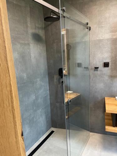 a shower with a glass door in a bathroom at Panorama Kořenec in Kořenec