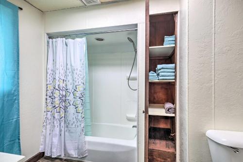 La salle de bains est pourvue d'une douche et d'un rideau de douche. dans l'établissement Ashland Apartment Walkable and Pet Friendly!, à Ashland
