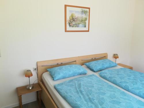 a bedroom with two beds with blue pillows at Ferienwohnung Bittner in Klitten