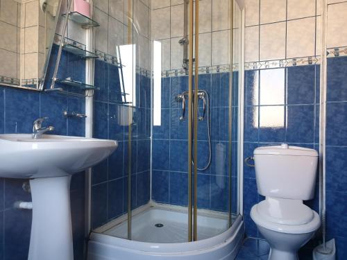 La salle de bains est pourvue de carrelage bleu, de toilettes et d'un lavabo. dans l'établissement Pensiunea ODN, à Scheia