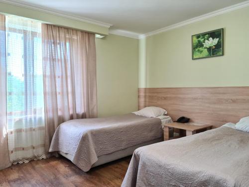 ヴィーンヌィツャにあるPanska Hataのベッド2台と窓が備わるホテルルームです。