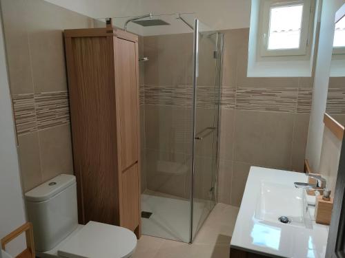 a bathroom with a shower and a toilet and a sink at Beauregard, votre maison en Provence in Orgon