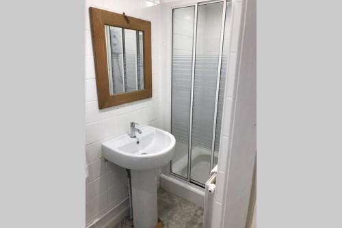 a bathroom with a sink and a shower at Arthur Apartment in Hawick