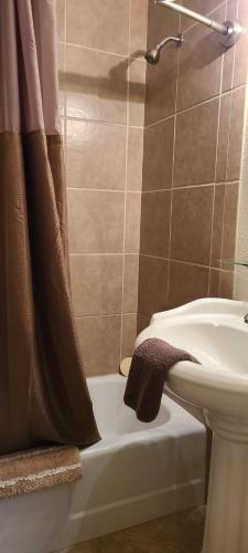 a bathroom with a shower and a sink and a toilet at Red Rock Motel and Dam Motel in Page