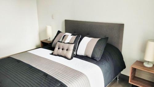 ein Schlafzimmer mit einem großen Bett mit Kissen darauf in der Unterkunft Tastefully Appointed 1 BR Apartment in Polanco in Mexiko-Stadt