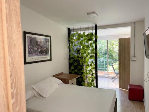 1 dormitorio con 1 cama y una planta en la pared en Apartamento Lleras en Medellín