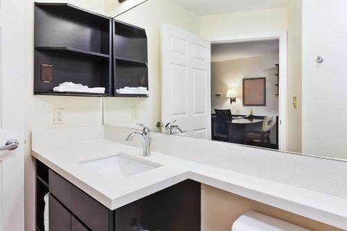 Candlewood Suites Huntersville-Lake Norman Area, an IHG Hotel في هانترسفيل: حمام مع حوض ومرآة