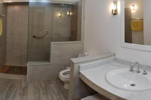 a bathroom with a shower and a sink and a toilet at Casa Laura Dto 1 in San Carlos de Bariloche