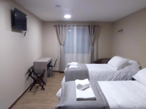 a hotel room with two beds and a television at Gran Hotel Aysen in Puerto Aisén