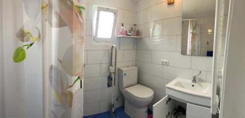 Lomba的住宿－Moradia das Flores Terra Chã，白色的浴室设有卫生间和水槽。