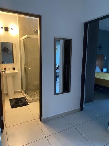 a bathroom with a shower and a mirror at Palmilla residencial departamento en zona privada in Mazatlán