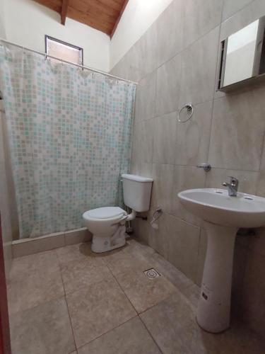 a bathroom with a toilet and a sink at El Amanecer Don Zenon Lago Urugua-i in Puerto Libertad