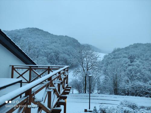 a snow covered stairway to a house with a mountain at Lavender Hill in Messinghausen