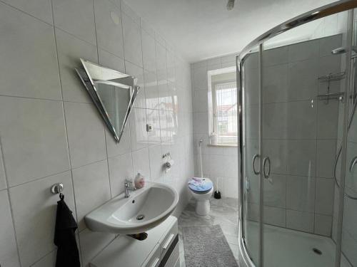 a bathroom with a sink and a shower and a toilet at Guntia Apartment mit großem Garten in Günzburg