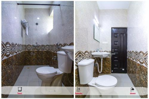 two pictures of a bathroom with a toilet and a sink at Meadow View Resort in Majorda