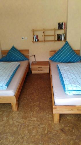 twee bedden in een kamer met blauwe kussens bij Fewo Frank in Aspach
