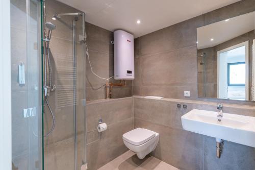 a bathroom with a toilet and a sink and a shower at Marina Martinshafen in Sassnitz