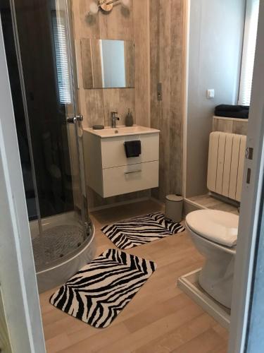 - une salle de bains avec un tapis zébré au sol dans l'établissement Les Plos, gîte cosy, au Vigan