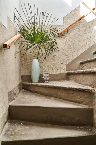 a plant in a blue vase sitting on some stairs at Casa Carlazzo in Carlazzo
