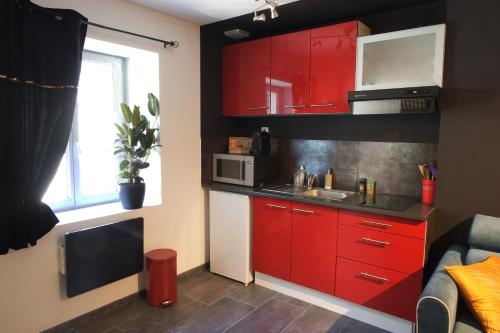 eine Küche mit roten Schränken und einer Mikrowelle in der Unterkunft Duplex charmant idéalement situé in Dole