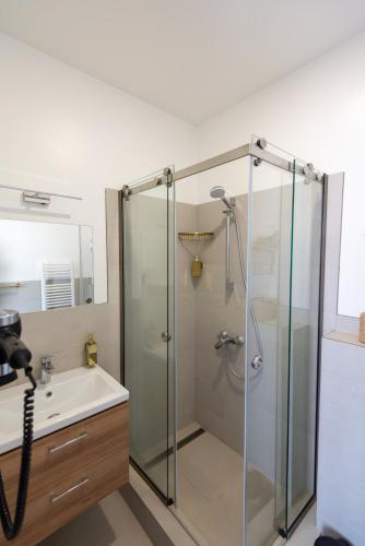 a bathroom with a shower and a sink at English House in Bistriţa