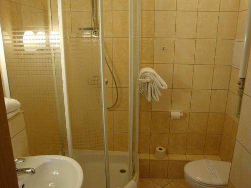a bathroom with a shower and a toilet and a sink at Hotel Wieniawa in Wrocław