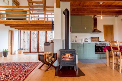 a stove in a living room with a kitchen at Wooden Barn in Zăbala