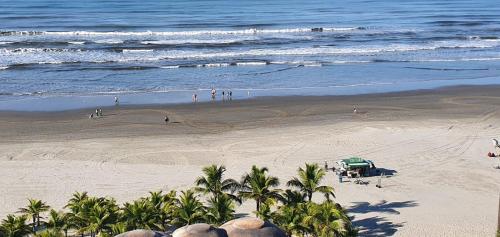a view of a beach with palm trees and the ocean at Sol mar e lazer in Praia Grande