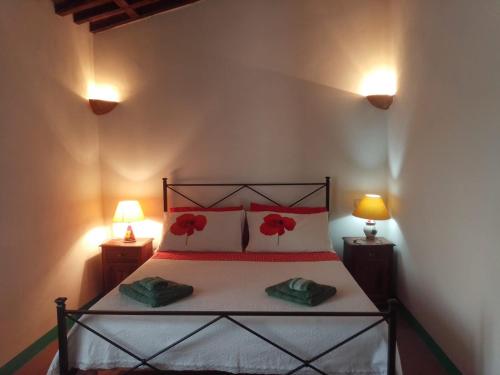 um quarto com uma cama com flores vermelhas em Casa Vacanze "Nonna Vela" em Petroio