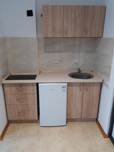 a small kitchen with a sink and a white refrigerator at Апарт-готель Олімпік in Lviv
