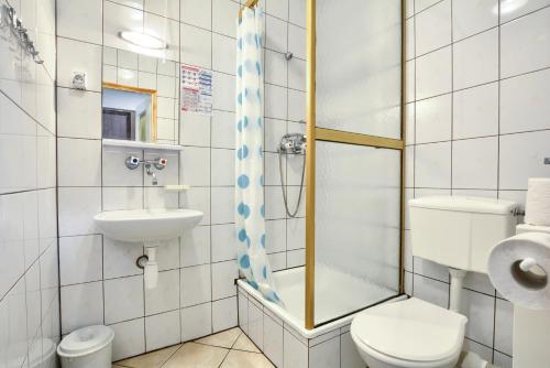 W łazience znajduje się prysznic, toaleta i umywalka. w obiekcie Zielony Las w mieście Radków