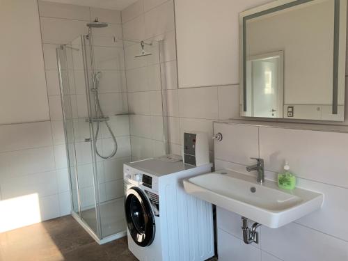 a bathroom with a washing machine and a sink at Neurenovierte FeWo Harztor in Nordhausen