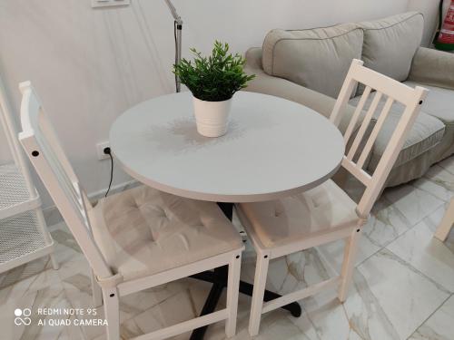 a white table with two chairs and a potted plant at Estudio Maqueda WIFI fácil acceso centro de Madrid in Madrid