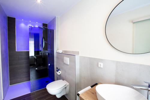 a bathroom with a toilet and a sink and a mirror at Stadthotel Lichtenfels in Lichtenfels