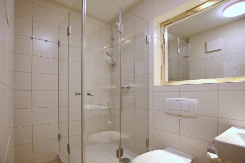 a bathroom with a shower and a toilet and a sink at Dünenblick Wohnung 21 in Boltenhagen