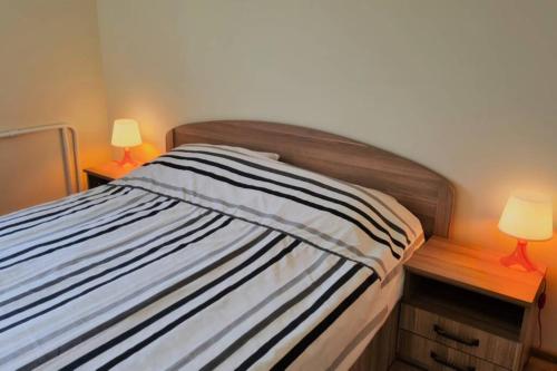 1 dormitorio con 1 cama con 2 lámparas en las mesas en Butas Ignalinos centre poilsiui ir darbostogoms, en Ignalina