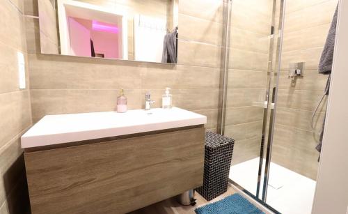 un bagno con lavandino e doccia di SuiteDreams - Bubble Suite Liège a Liegi