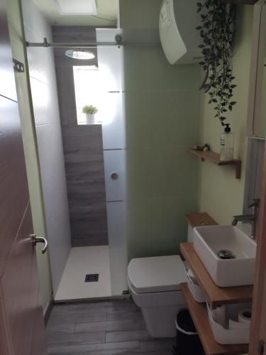 a bathroom with a toilet and a sink at Luminoso y acogedor apartamento junto a la Macarena de Sevilla in Seville