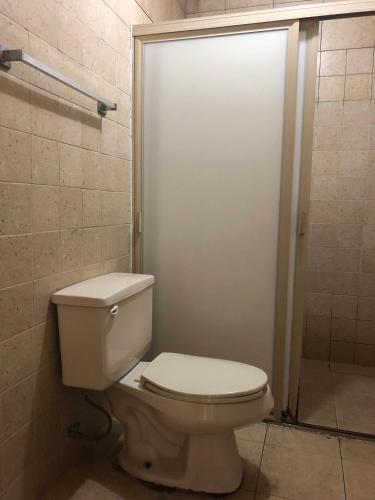 a bathroom with a toilet and a shower at Hotel Regis in Monterrey