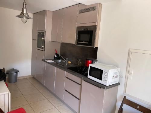 a small kitchen with a microwave and a counter at Latitudes 43 in Porquerolles