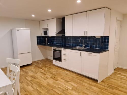 a kitchen with white cabinets and a blue tile back splash at Pearl of Duved in Duved