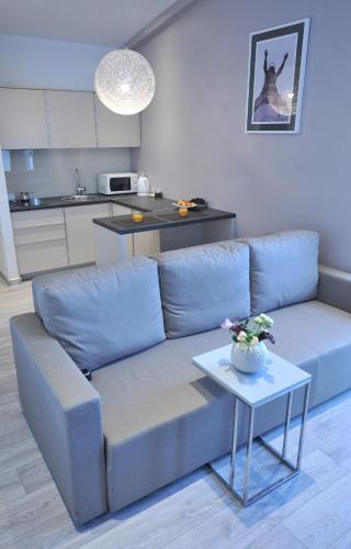 a blue couch in a living room with a table at Apartments & Rooms Lavandula Exclusive in Zadar