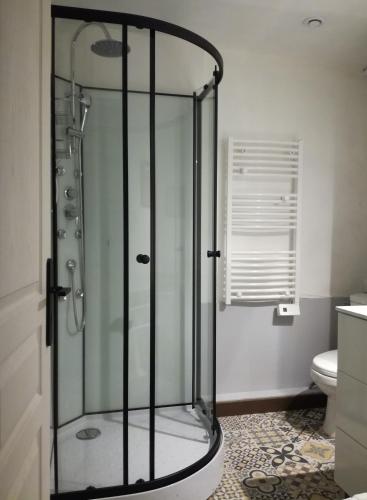 a glass shower in a bathroom with a toilet at Gîte les 4 Vents in Pradelles